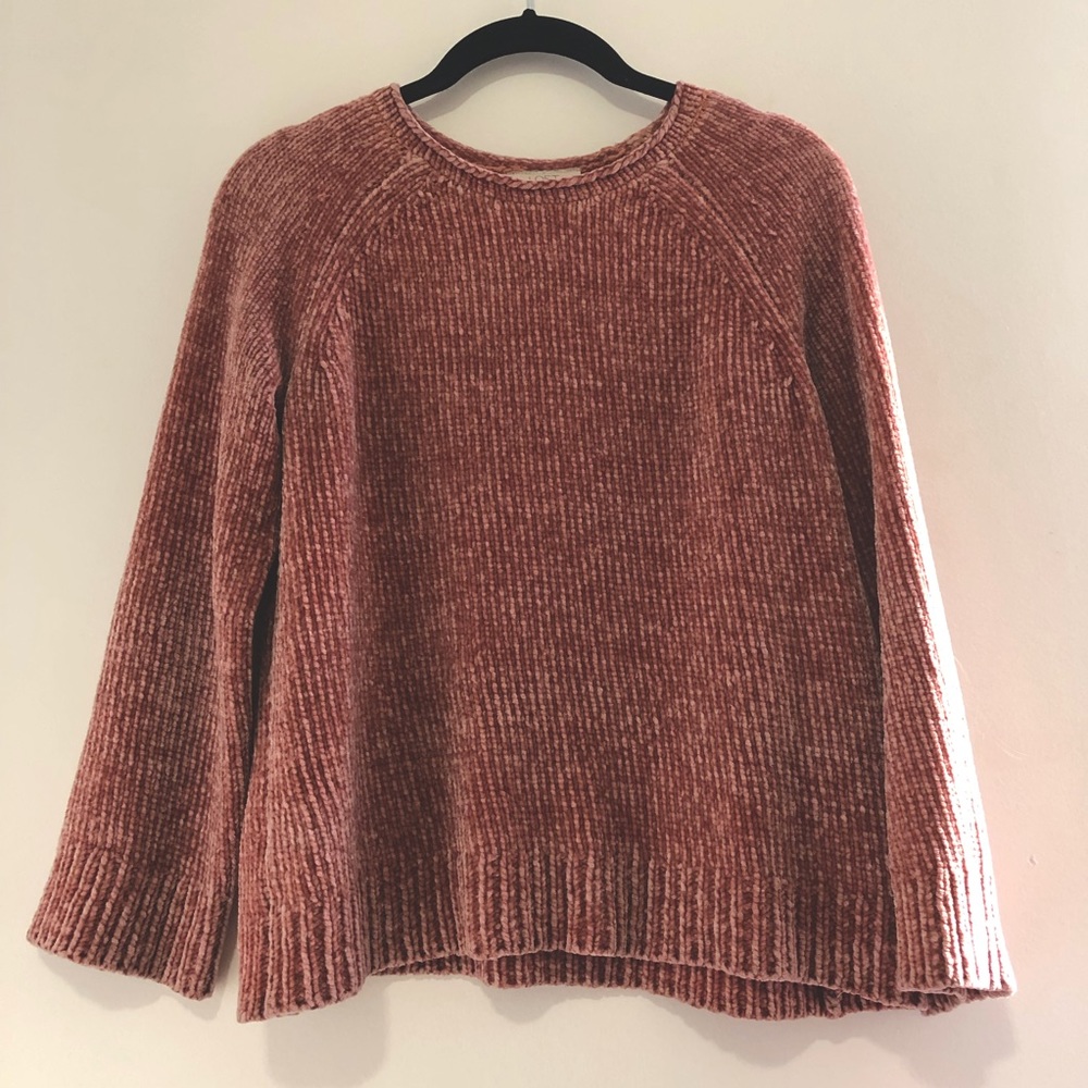 Rose Gold Loft chenille sweater, soft and lightly worn